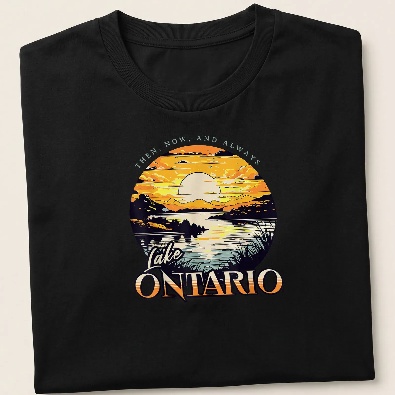 Retro sunset graphic featuring Lake Ontario with vibrant colors and text. — printed on a unisex t-shirt