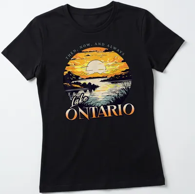 Retro sunset graphic featuring Lake Ontario with vibrant colors and text. — printed on a women's shirt