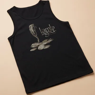Distressed print of a chalice and coins with text 'lamb of god SACRAMENT' in gold and beige — printed on a tank top