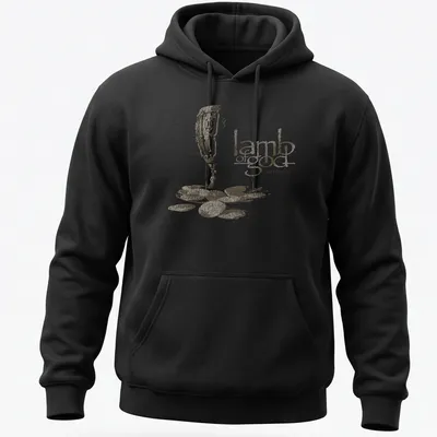 Distressed print of a chalice and coins with text 'lamb of god SACRAMENT' in gold and beige — printed on a unisex hoodie
