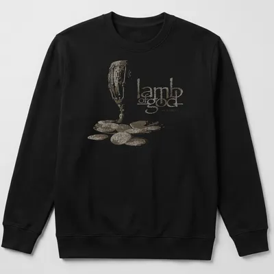 Distressed print of a chalice and coins with text 'lamb of god SACRAMENT' in gold and beige — printed on a unisex sweatshirt