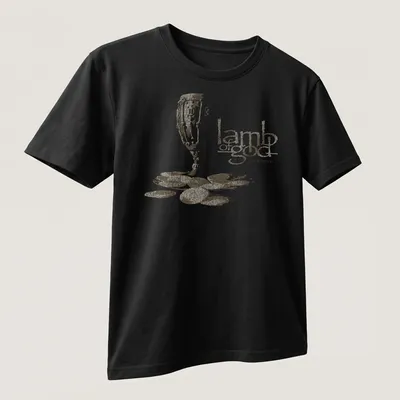 Distressed print of a chalice and coins with text 'lamb of god SACRAMENT' in gold and beige — printed on a unisex t-shirt (angled view)