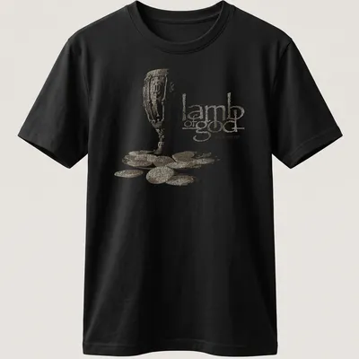 Distressed print of a chalice and coins with text 'lamb of god SACRAMENT' in gold and beige — printed on a unisex t-shirt