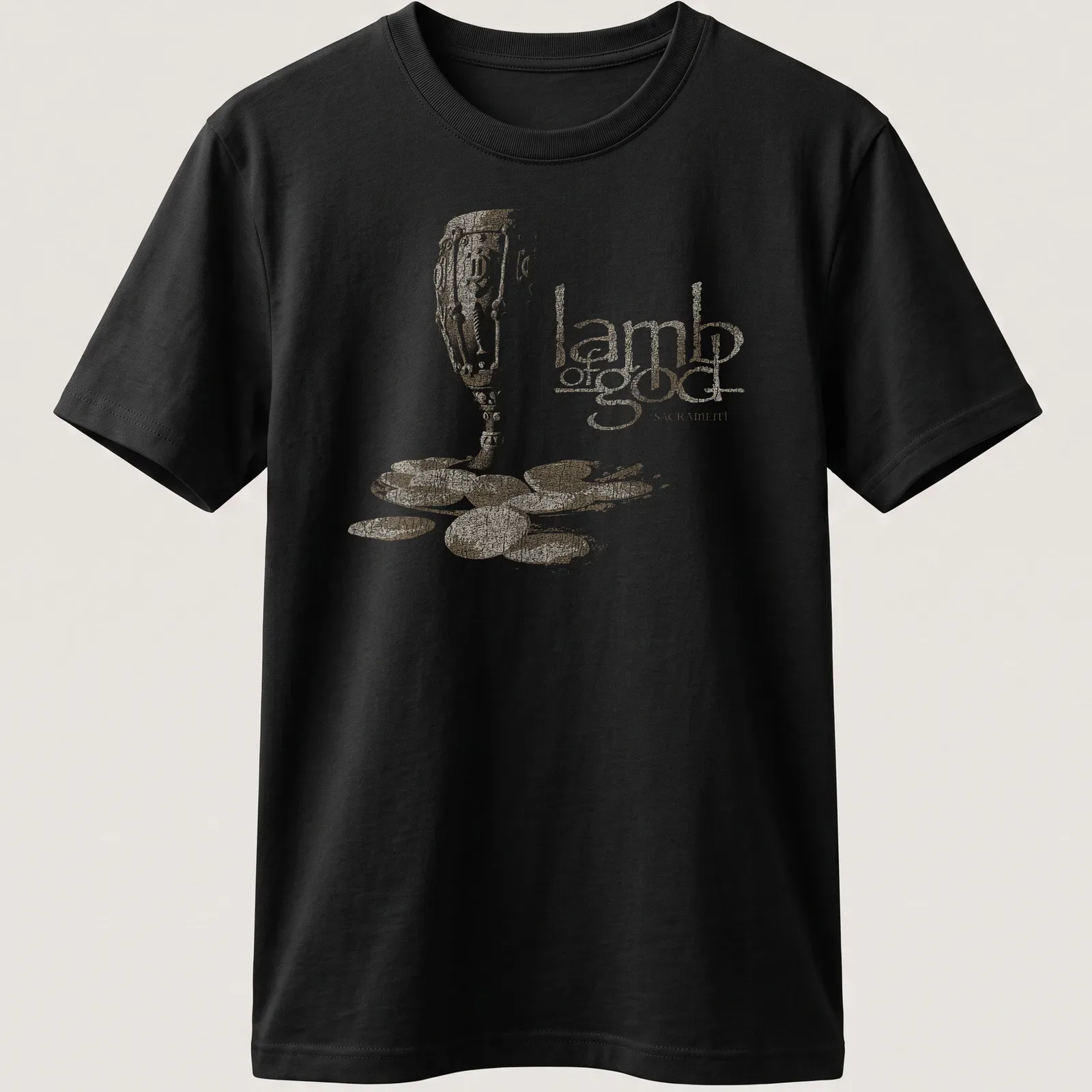 Distressed print of a chalice and coins with text 'lamb of god SACRAMENT' in gold and beige — printed on a unisex t-shirt