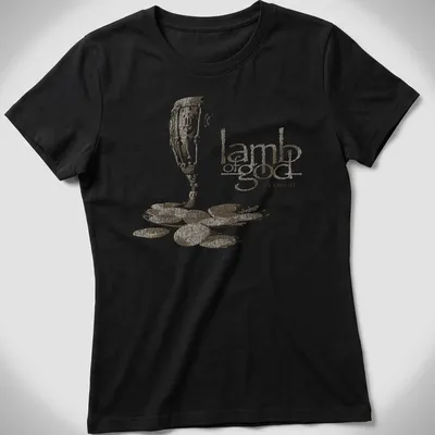 Distressed print of a chalice and coins with text 'lamb of god SACRAMENT' in gold and beige — printed on a women's shirt