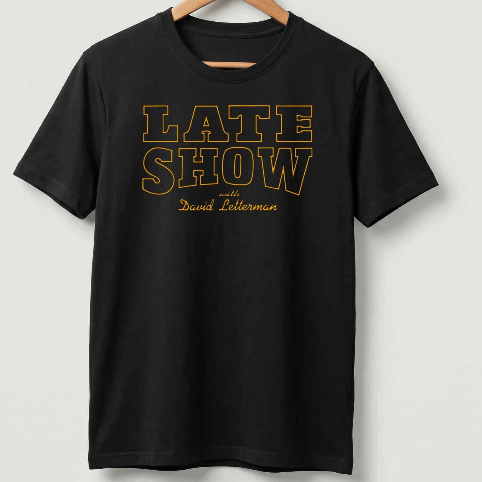 Vintage Late Show with David Letterman t-shirt featuring bold text — printed on a unisex t-shirt
