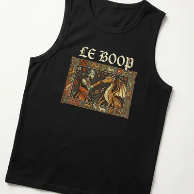 Ornate medieval knight and dragon illustration with the text LE BOOP in vibrant colors — printed on a tank top
