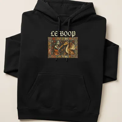 Ornate medieval knight and dragon illustration with the text LE BOOP in vibrant colors — printed on a unisex hoodie