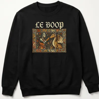 Ornate medieval knight and dragon illustration with the text LE BOOP in vibrant colors — printed on a unisex sweatshirt
