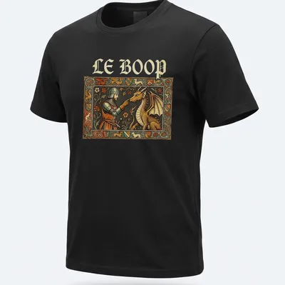 Ornate medieval knight and dragon illustration with the text LE BOOP in vibrant colors