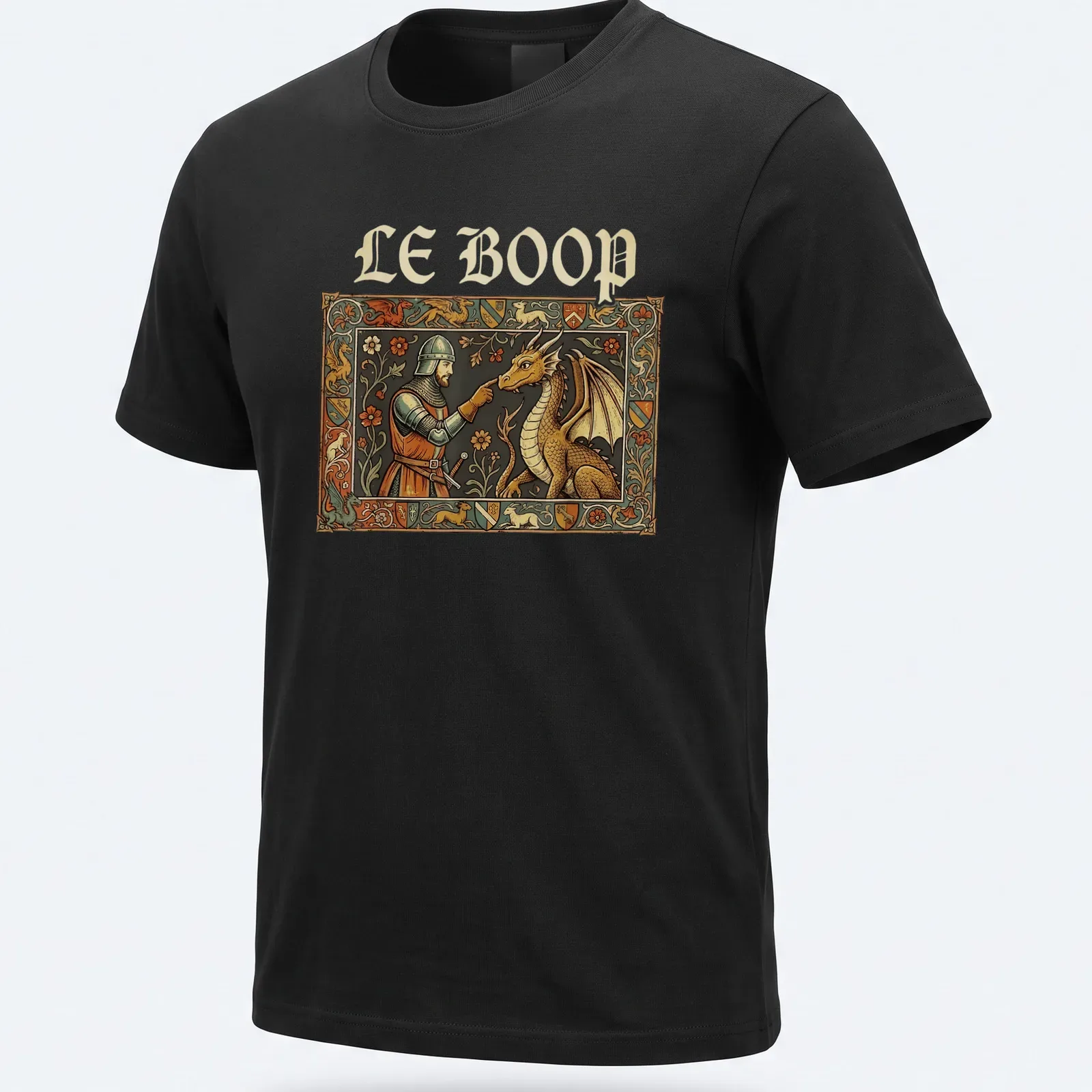 Ornate medieval knight and dragon illustration with the text LE BOOP in vibrant colors — printed on a unisex t-shirt
