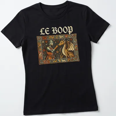 Ornate medieval knight and dragon illustration with the text LE BOOP in vibrant colors — printed on a women's shirt