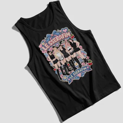 Colorful cartoon design featuring the text LE SSERAFIM and five members of the girl group — printed on a tank top