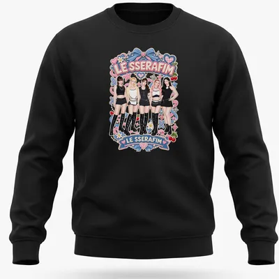 Colorful cartoon design featuring the text LE SSERAFIM and five members of the girl group — printed on a unisex sweatshirt