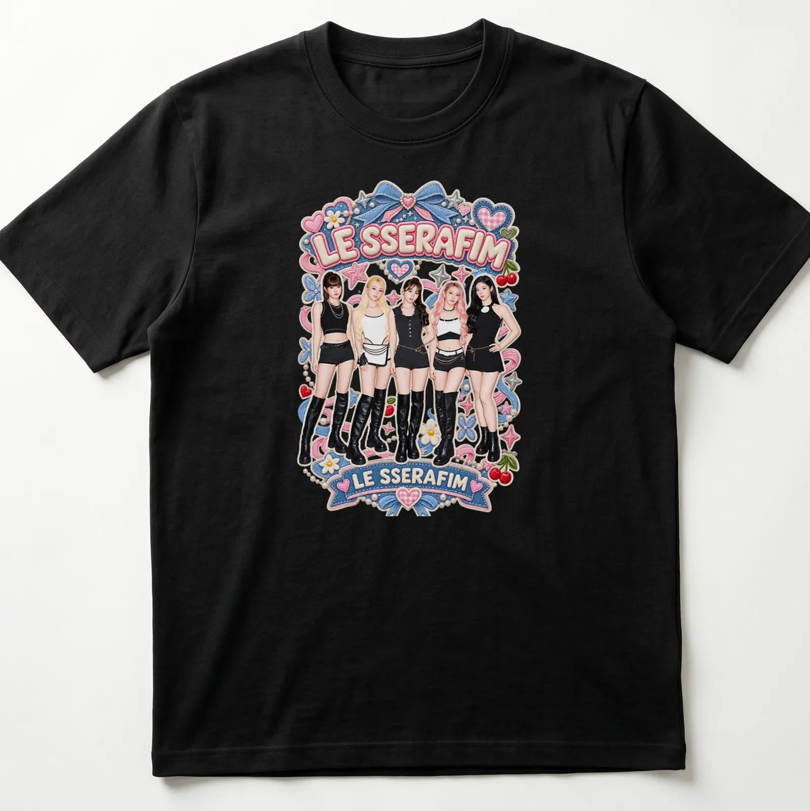 Colorful cartoon design featuring the text LE SSERAFIM and five members of the girl group — printed on a unisex t-shirt