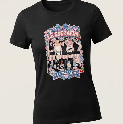 Colorful cartoon design featuring the text LE SSERAFIM and five members of the girl group — printed on a women's shirt