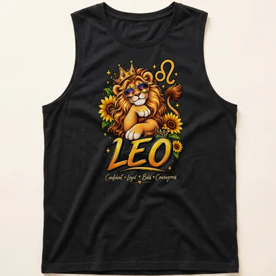 Colorful cartoon design of a lion with text about Leo traits. — printed on a tank top