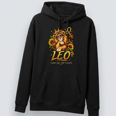 Colorful cartoon design of a lion with text about Leo traits. — printed on a unisex hoodie
