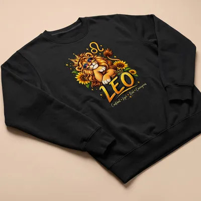 Colorful cartoon design of a lion with text about Leo traits. — printed on a unisex sweatshirt