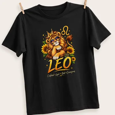 Colorful cartoon design of a lion with text about Leo traits. — printed on a unisex t-shirt