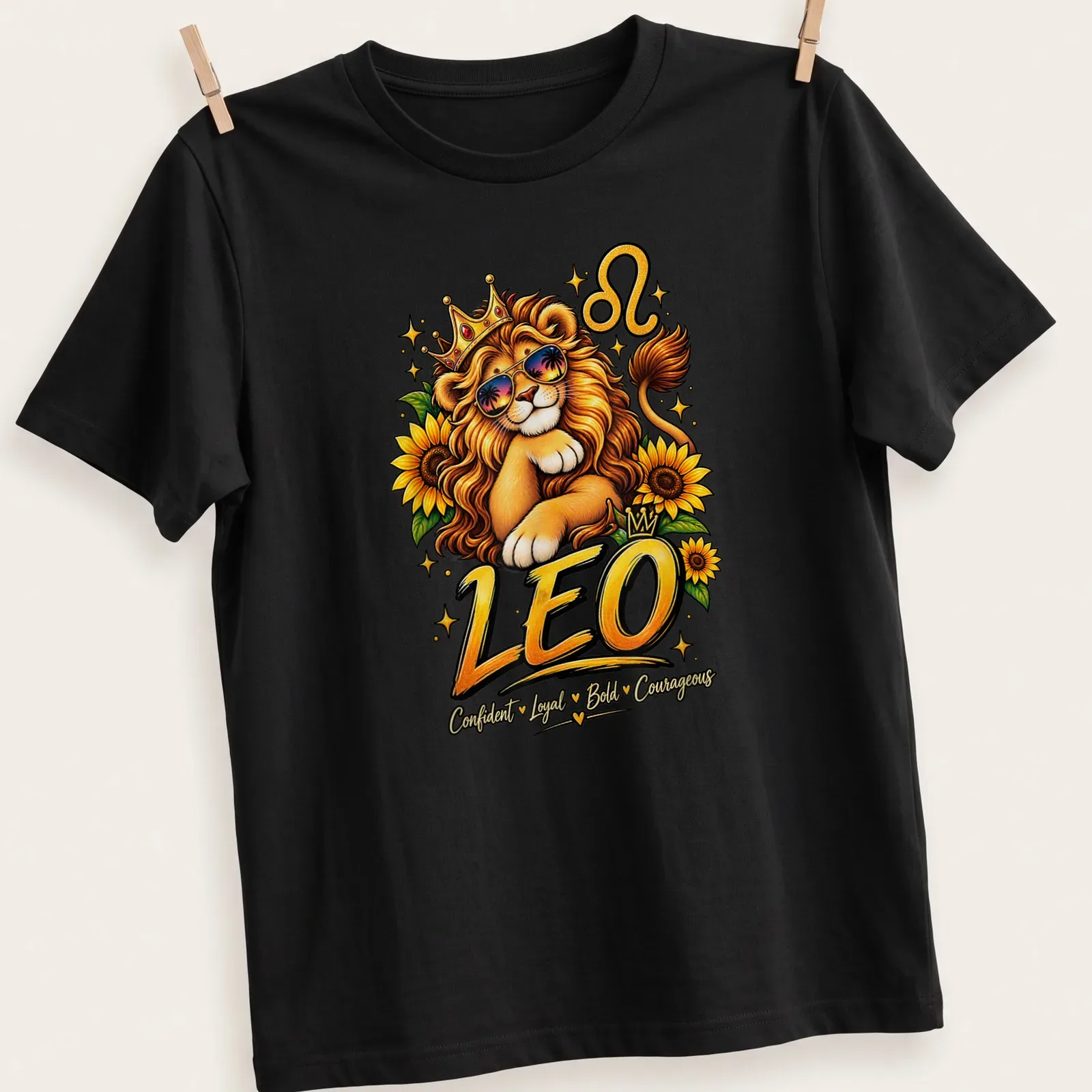 Colorful cartoon design of a lion with text about Leo traits. — printed on a unisex t-shirt