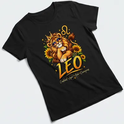 Colorful cartoon design of a lion with text about Leo traits. — printed on a women's shirt