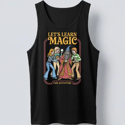 Vintage cartoon wizard with children graphic and colorful text on — printed on a tank top