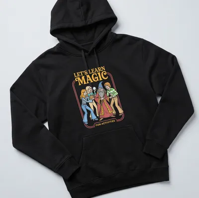 Vintage cartoon wizard with children graphic and colorful text on — printed on a unisex hoodie