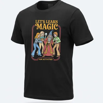 Vintage cartoon wizard with children graphic and colorful text on — printed on a unisex t-shirt