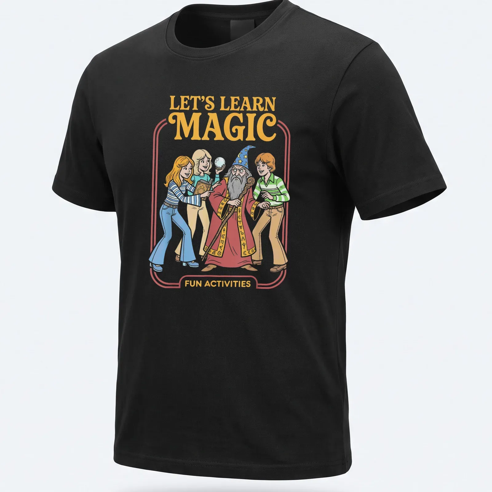Vintage cartoon wizard with children graphic and colorful text on — printed on a unisex t-shirt