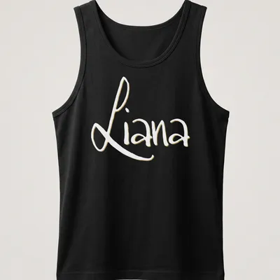 Personalized shirt featuring the name Liana in elegant gold script on white — printed on a tank top