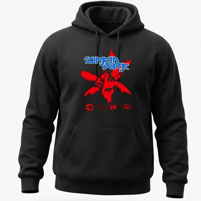 Bold Linkin Park logo surrounded by floral design in red, blue, and black. — printed on a unisex hoodie