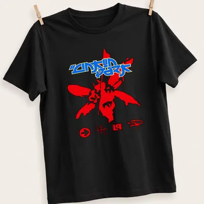 Bold Linkin Park logo surrounded by floral design in red, blue, and black.