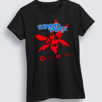 Bold Linkin Park logo surrounded by floral design in red, blue, and black. — printed on a women's shirt