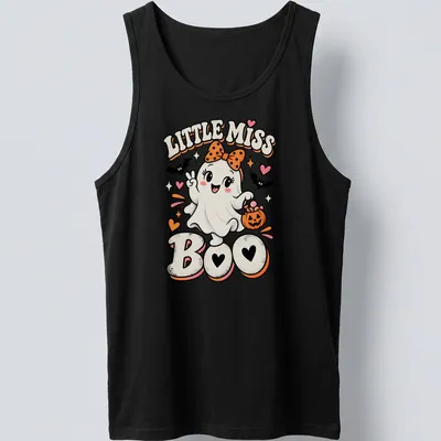 Cute retro ghost Halloween t-shirt with Little Miss Boo text — printed on a tank top
