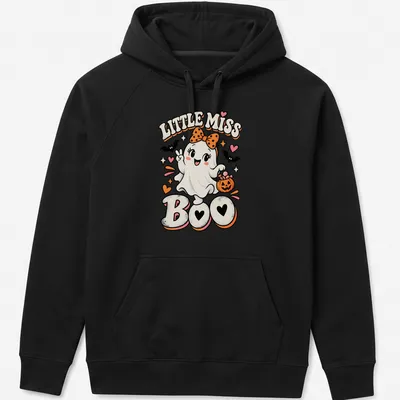 Cute retro ghost Halloween t-shirt with Little Miss Boo text — printed on a unisex hoodie