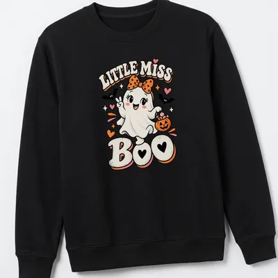 Cute retro ghost Halloween t-shirt with Little Miss Boo text — printed on a unisex sweatshirt