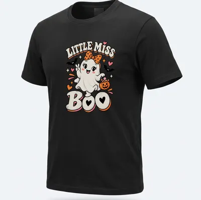 Cute retro ghost Halloween t-shirt with Little Miss Boo text