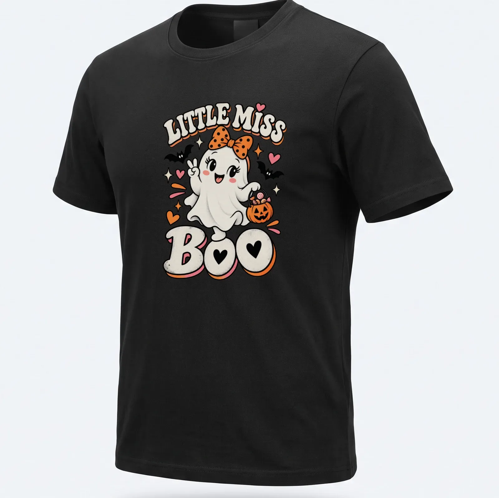 Cute retro ghost Halloween t-shirt with Little Miss Boo text — printed on a unisex t-shirt