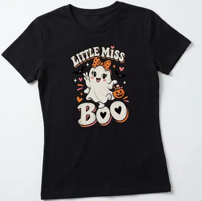 Cute retro ghost Halloween t-shirt with Little Miss Boo text — printed on a women's shirt
