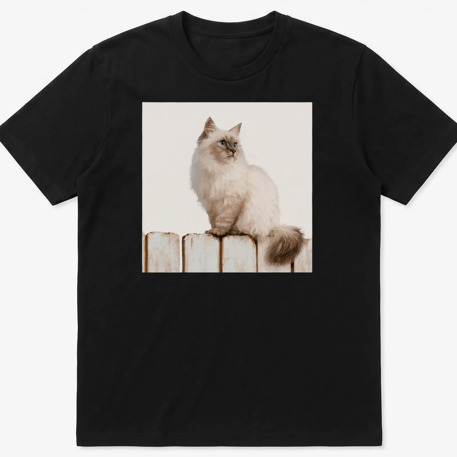 Realistic illustration of a Siamese cat sitting on a wooden fence against a blue sky. — printed on a unisex t-shirt