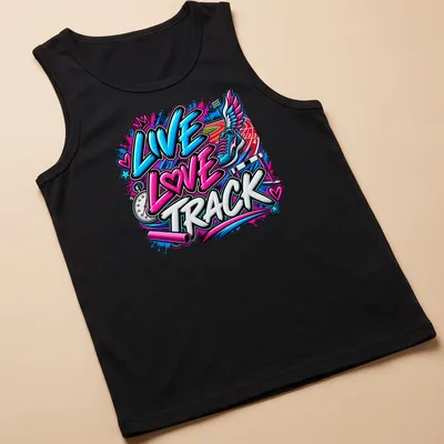 Graffiti-style running shoe graphic with the text Live Love Track in vibrant colors. — printed on a tank top