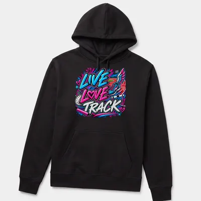 Graffiti-style running shoe graphic with the text Live Love Track in vibrant colors. — printed on a unisex hoodie