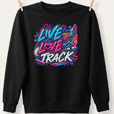 Graffiti-style running shoe graphic with the text Live Love Track in vibrant colors. — printed on a unisex sweatshirt