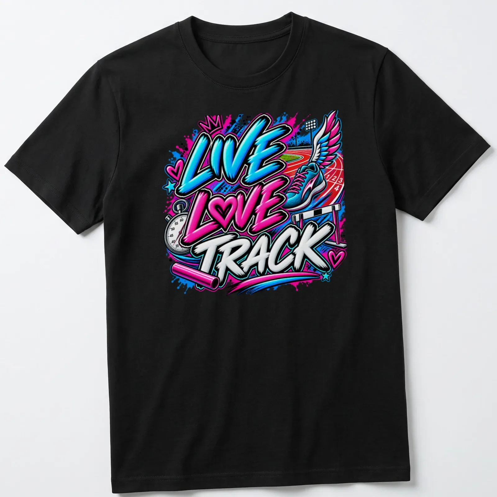 Graffiti-style running shoe graphic with the text Live Love Track in vibrant colors. — printed on a unisex t-shirt