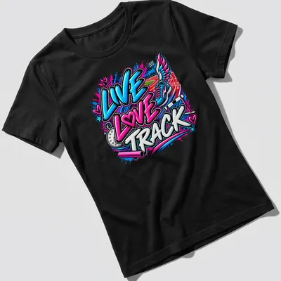 Graffiti-style running shoe graphic with the text Live Love Track in vibrant colors. — printed on a women's shirt