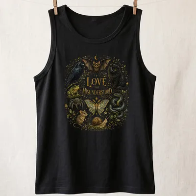 Vintage botanical print featuring a black cat, bat, snake, and other misunderstood animals — printed on a tank top