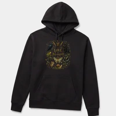 Vintage botanical print featuring a black cat, bat, snake, and other misunderstood animals — printed on a unisex hoodie