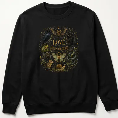 Vintage botanical print featuring a black cat, bat, snake, and other misunderstood animals — printed on a unisex sweatshirt