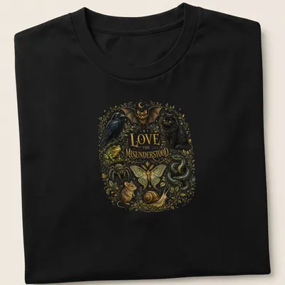 Vintage botanical print featuring a black cat, bat, snake, and other misunderstood animals — printed on a unisex t-shirt